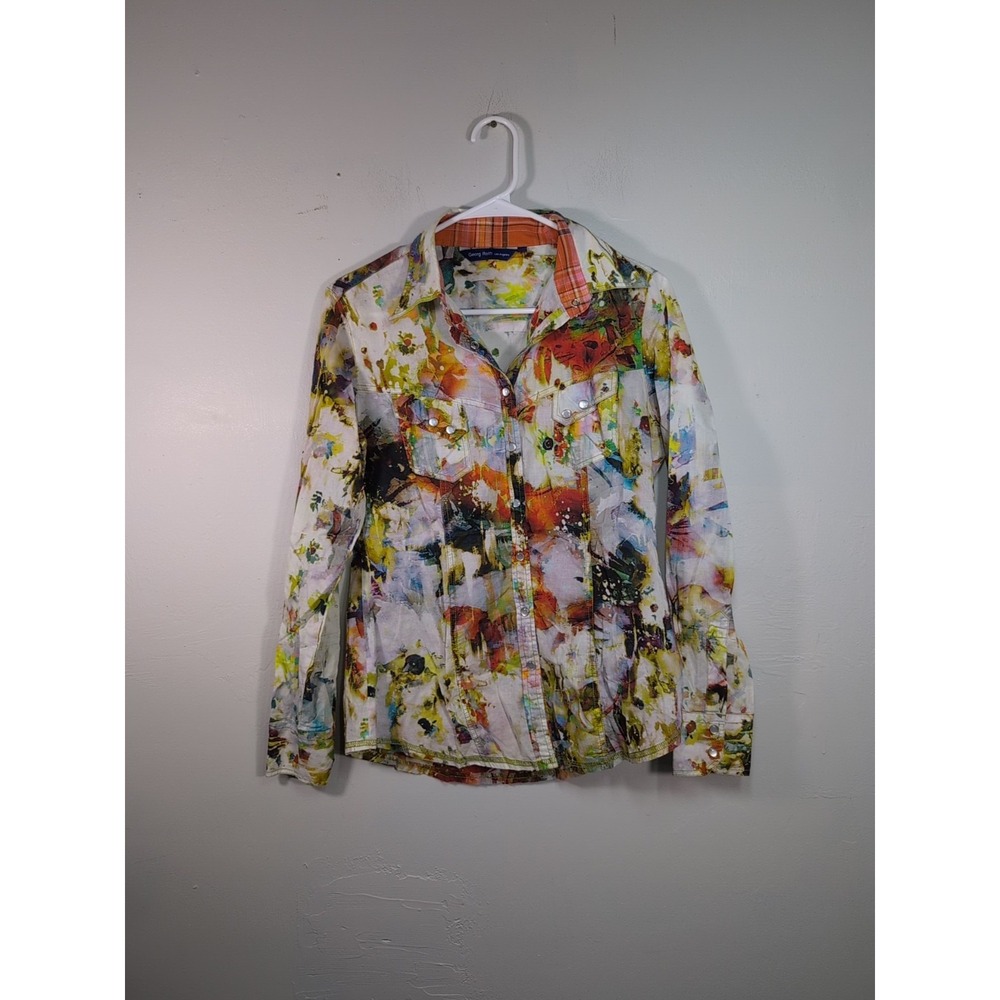 Georg Roth LA Colorful Pink Yellow Floral Print Button Down Shirt Boho Artsy S